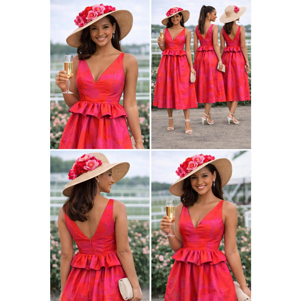 Kate Spade New York Pink Fit Flare Midi Dress Ruffle Waist V Neck Size Small S
